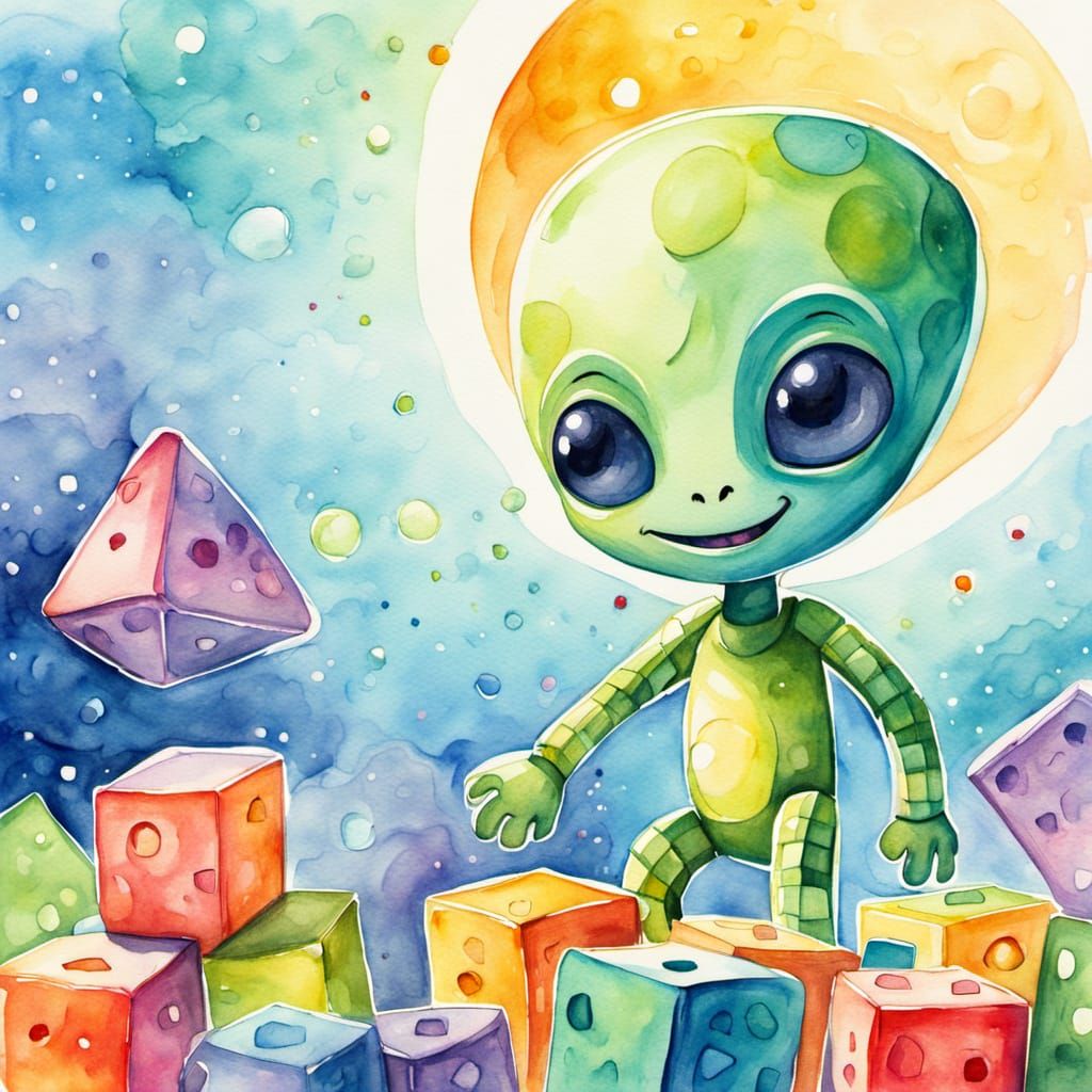 Whimsical Watercolor Alien at Play