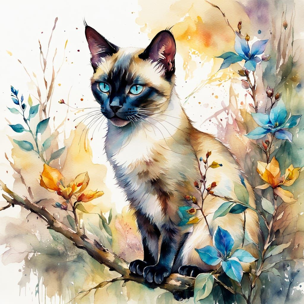 Siamese Cat in Watercolor by Carne Griffiths