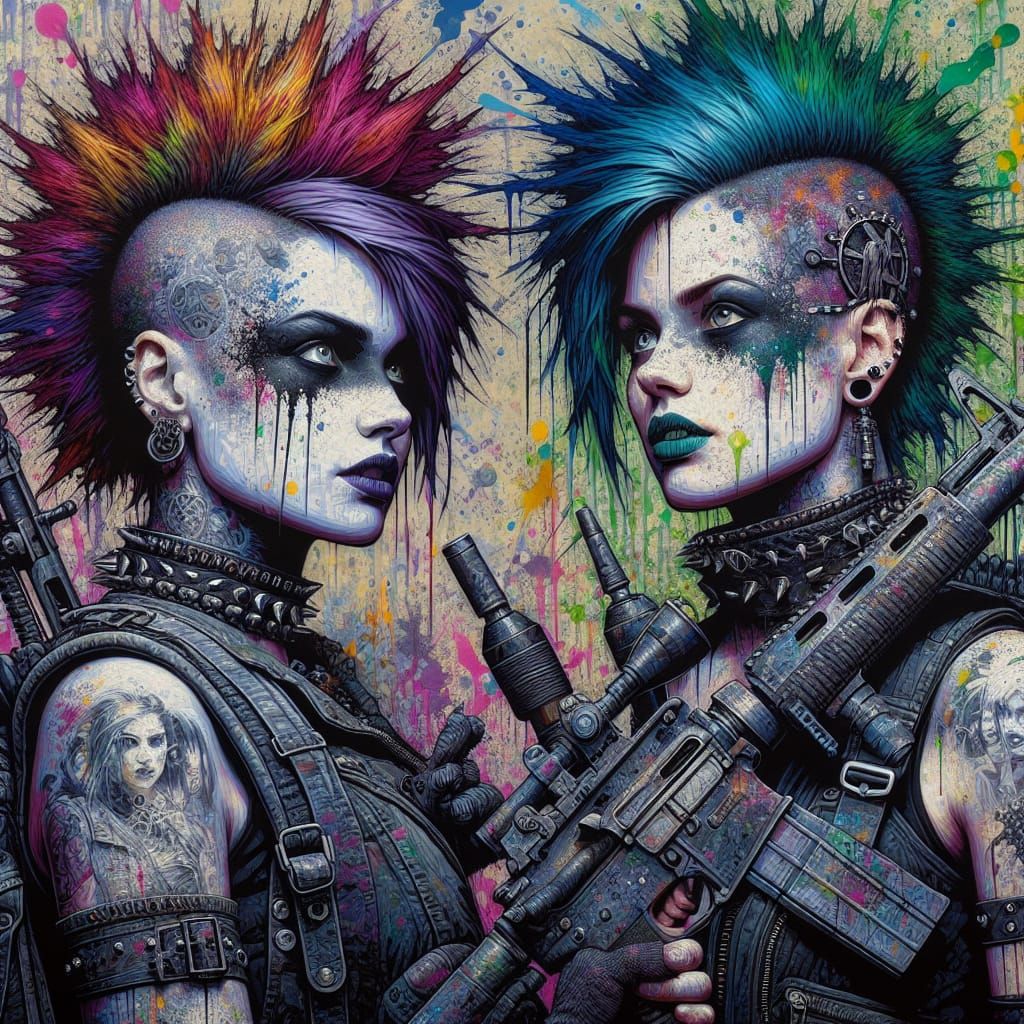 Punk Anarchy Girls with Weapons in Pointillism Style