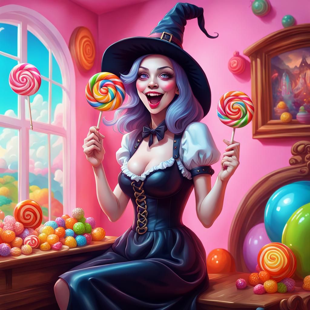 Happy Witch in Candyland Home: Digital Illustration