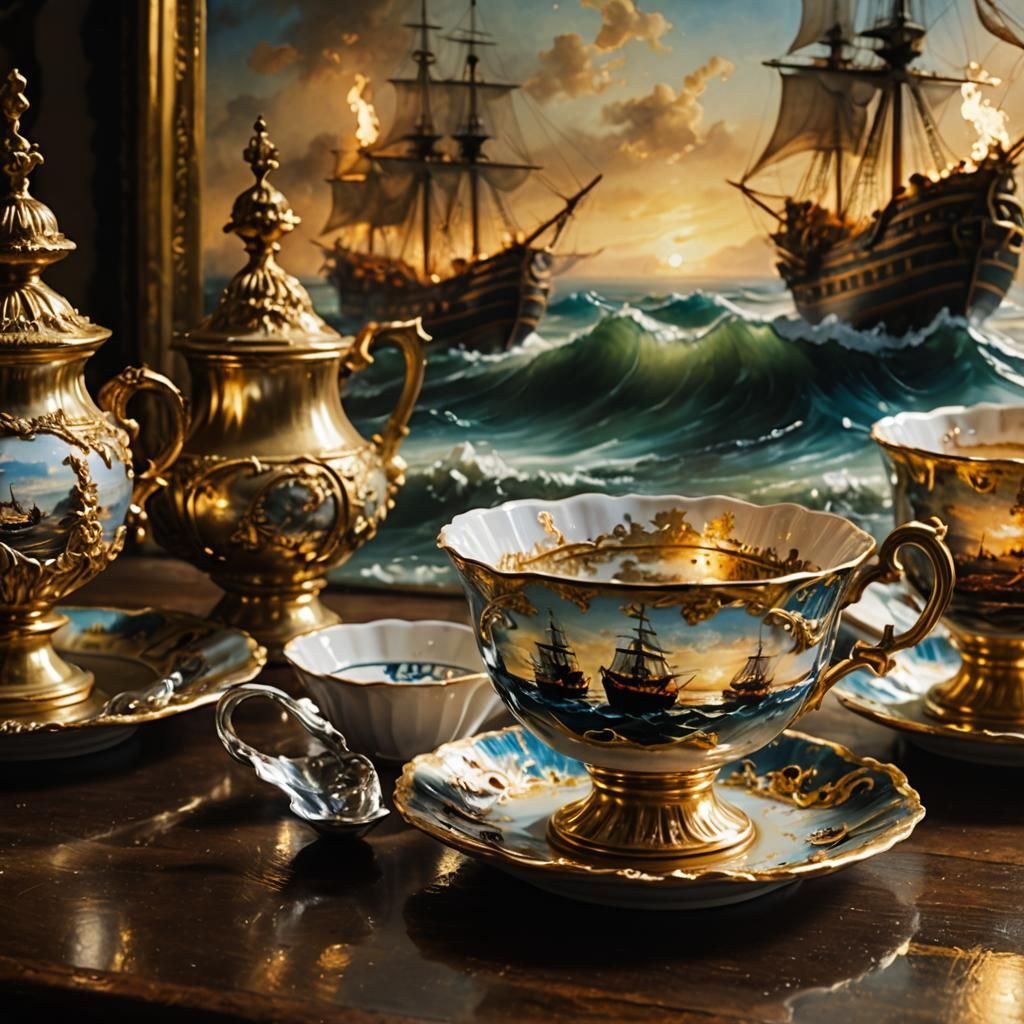 Frigates Battle Inside Teacup, Oil Painting Style