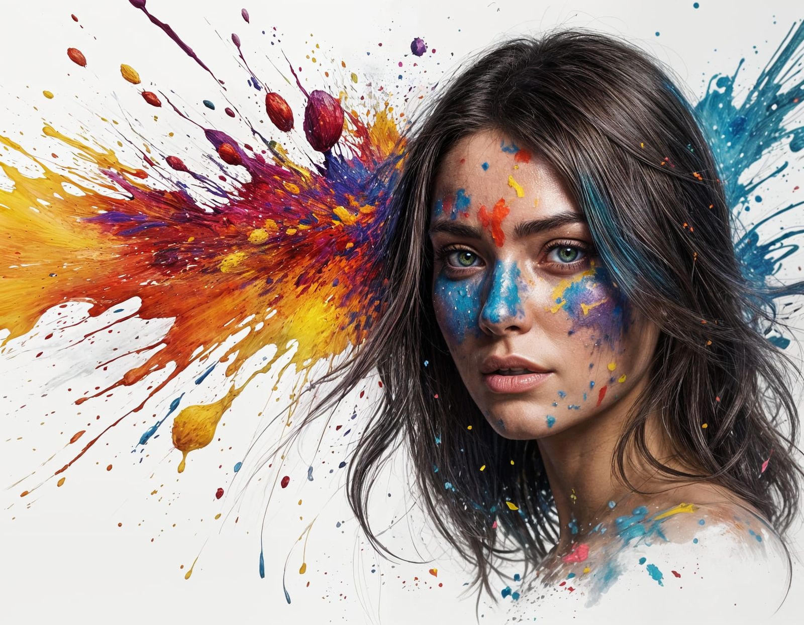 Pretty Woman Drenched in Vibrant Paint Spatter