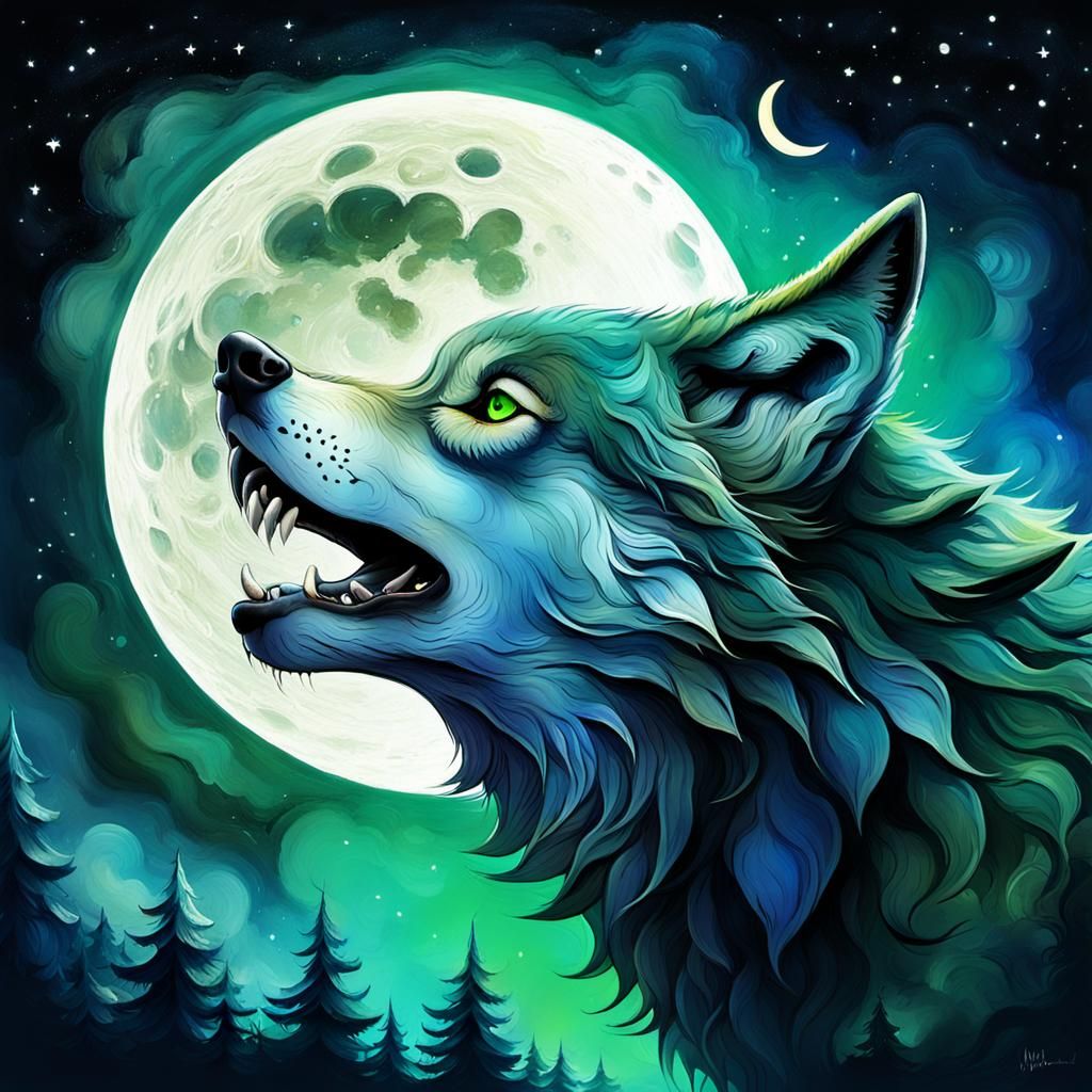 Wolf Howling at Moon in Magic Realism Style