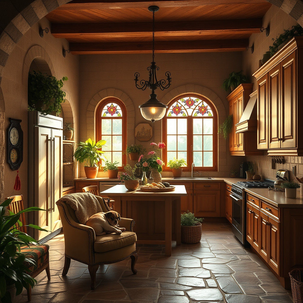 Italian Renaissance Kitchen with Stone Arches and Puppy
