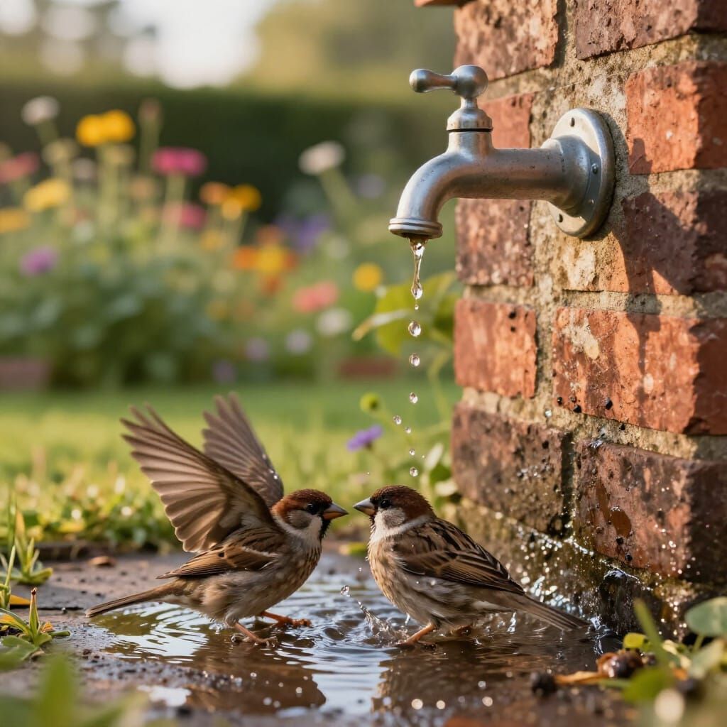 Hyperrealistic Photo of Sparrows Splashing in Tap Water