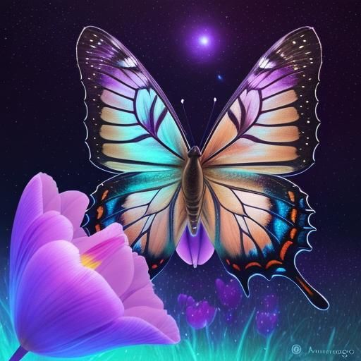Cosmic Butterfly Tulip Cats: Holographic Astral Illustration