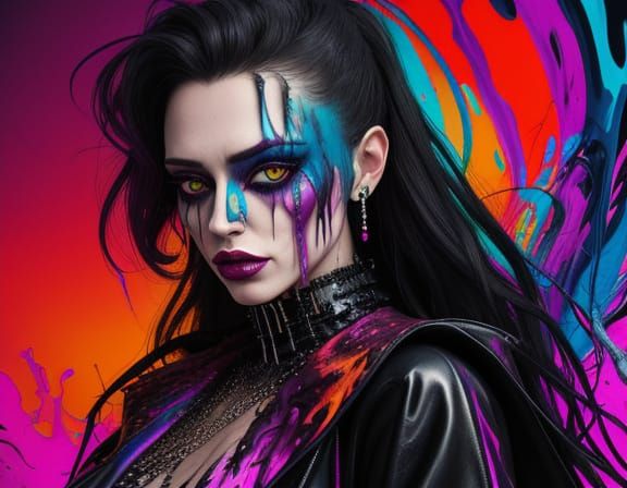 Surreal Portrait of a Figure with Mismatched Eyes in Neon Co...