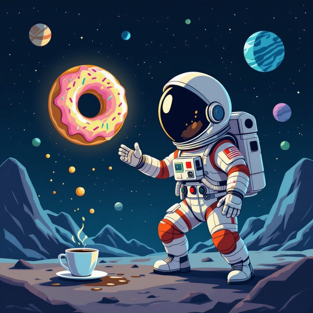 Astronaut Chasing Glowing Donut in Retro Sci-Fi Style