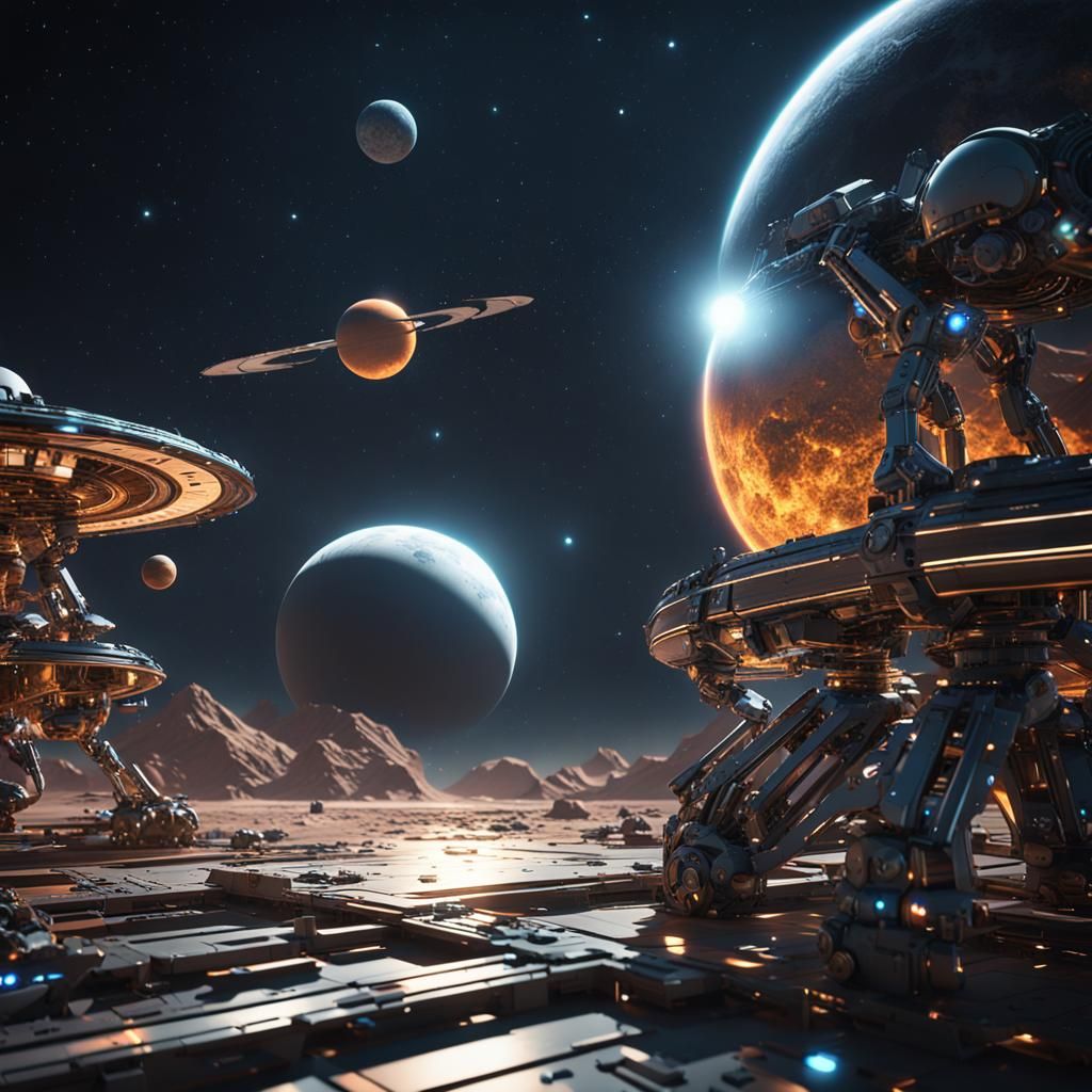 Futuristic Solar System at Night in Sci-Fi Style