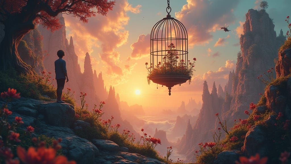 Surreal Floating Cages in Warped Landscape