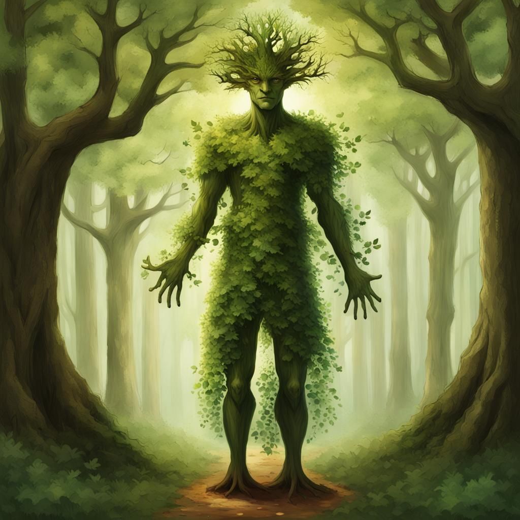 Magical Leafy Tree-Man in Forest Clearing