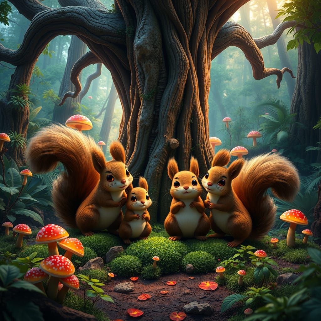 Whimsical Forest Squirrels Gather Around Ancient Tree