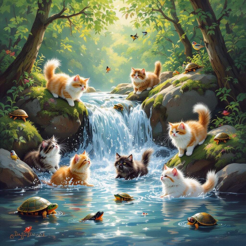 Impressionistic Oil Painting of Cats in Waterfall