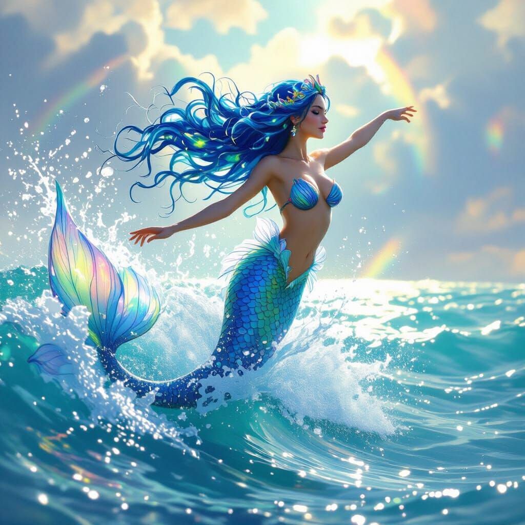 Ethereal Mermaid Leaping from Wave in Digital Painting Style