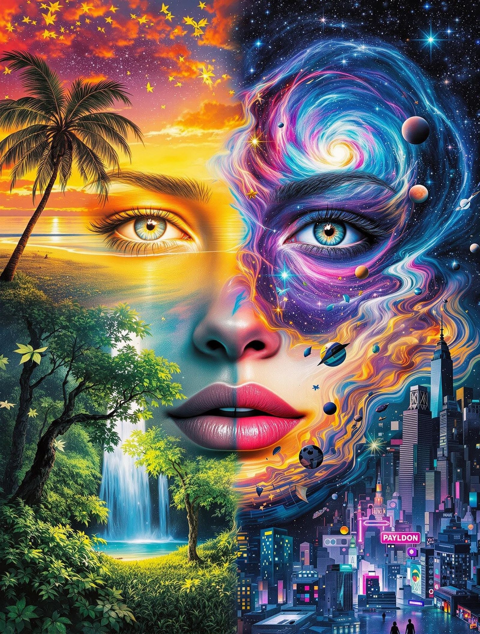 Vibrant Surreal Face Portrait Collage in Four Distinct Scene...