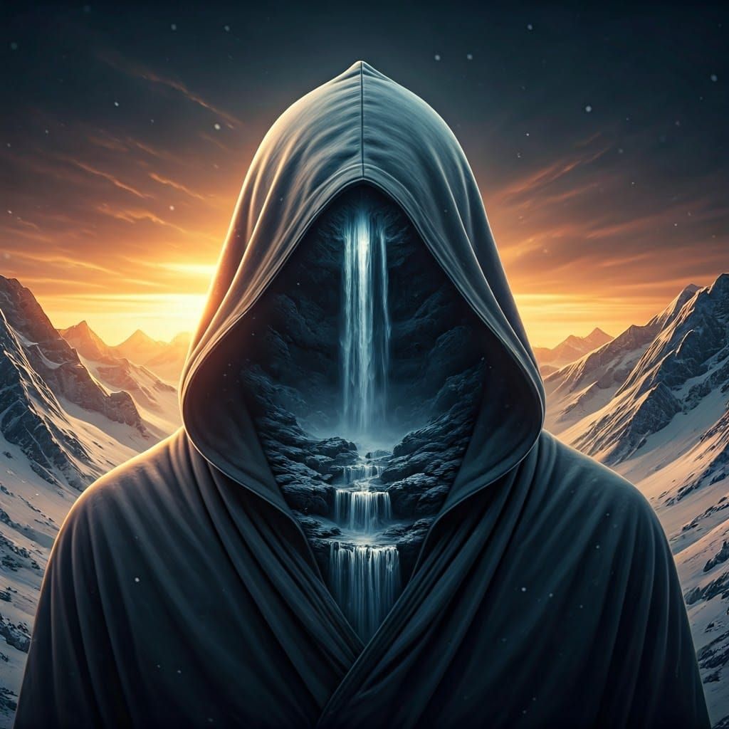 Mountain Figure with Waterfall in Hood: Fantasy Concept Art