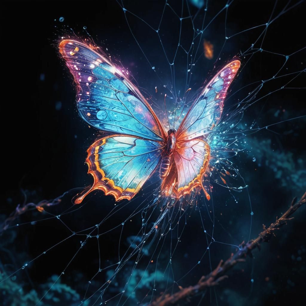 Surrealist Butterfly Shatters Ethereal Net in Dreamlike Land...