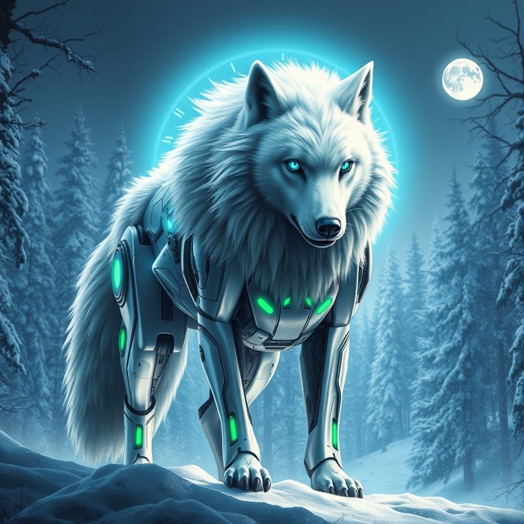 Cybernetic White Wolf in Futuristic Style