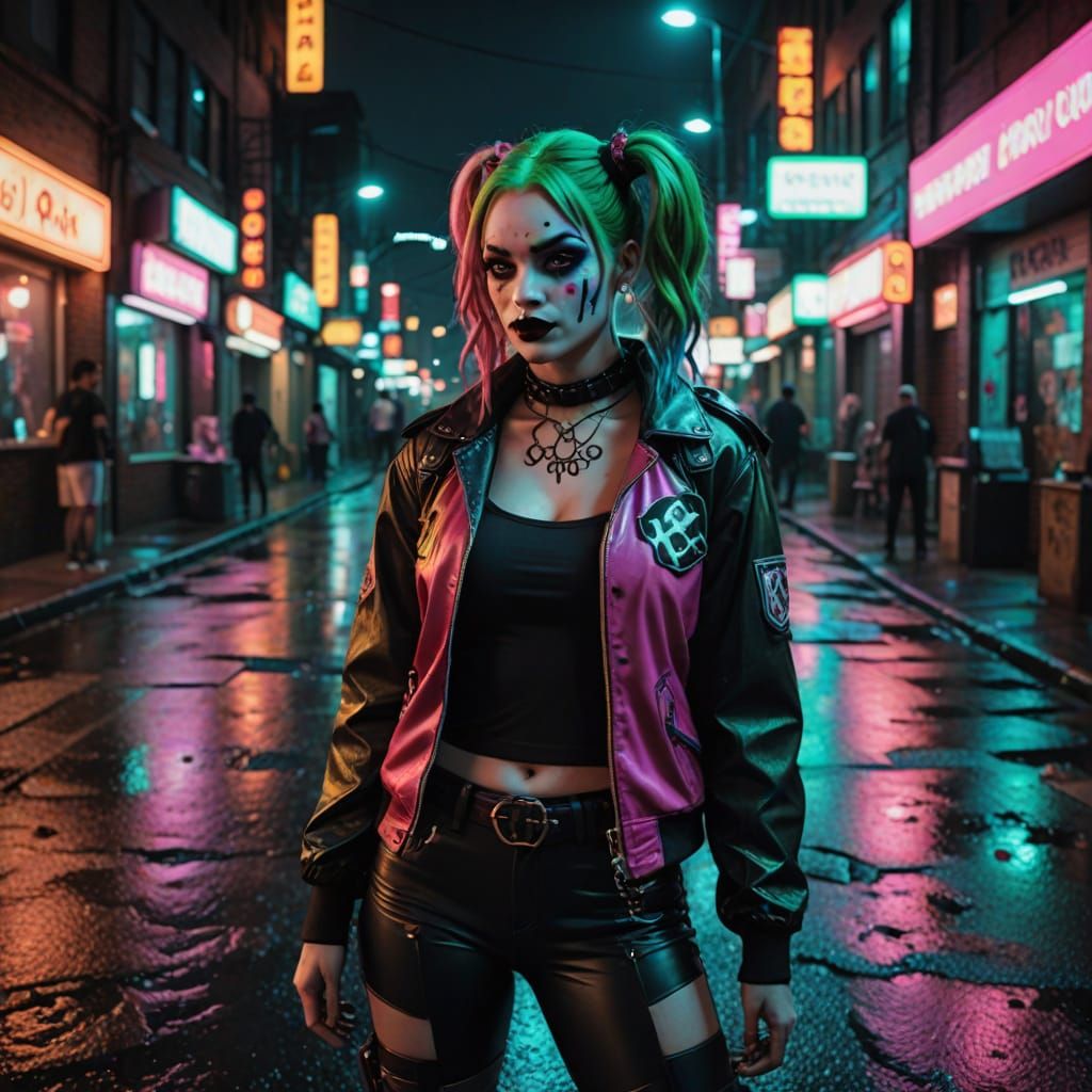 Harley Quinn Cosplay on Misty Urban Street