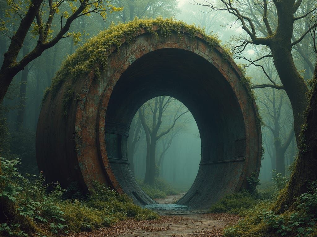 Mystical Forest Time Portal in Dystopian Sci-Fi Style