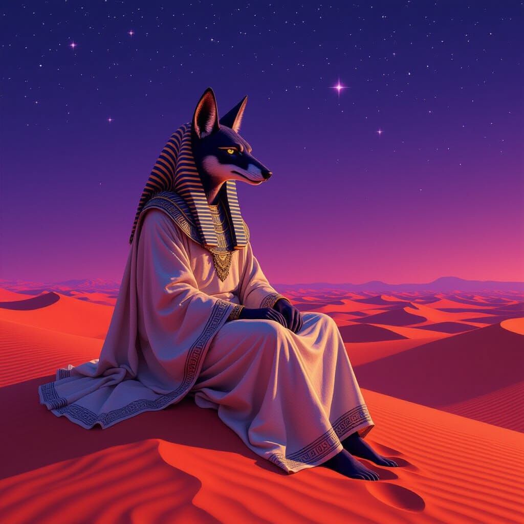 Jackal Sphinx in Red Desert Night, Digital Art