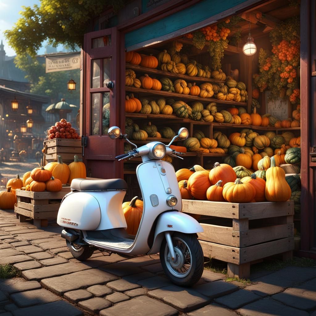 Idyllic Squash Shop with Scooter: Matte Painting