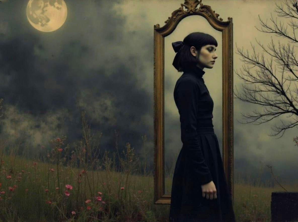 Gothic Girl Reflected in Ornate Gilded Mirror