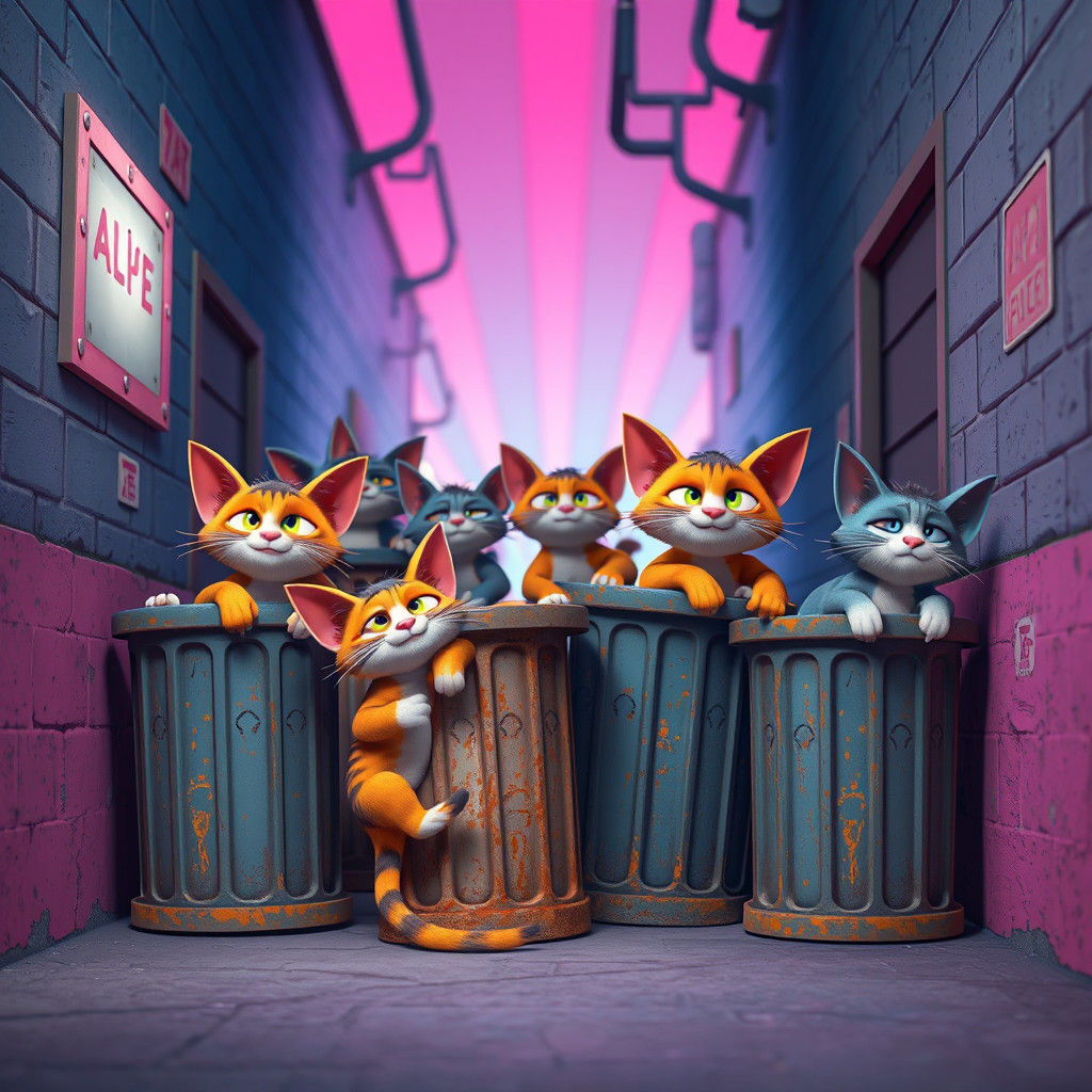 Cartoon Alley Cats in Futuristic Cityscape