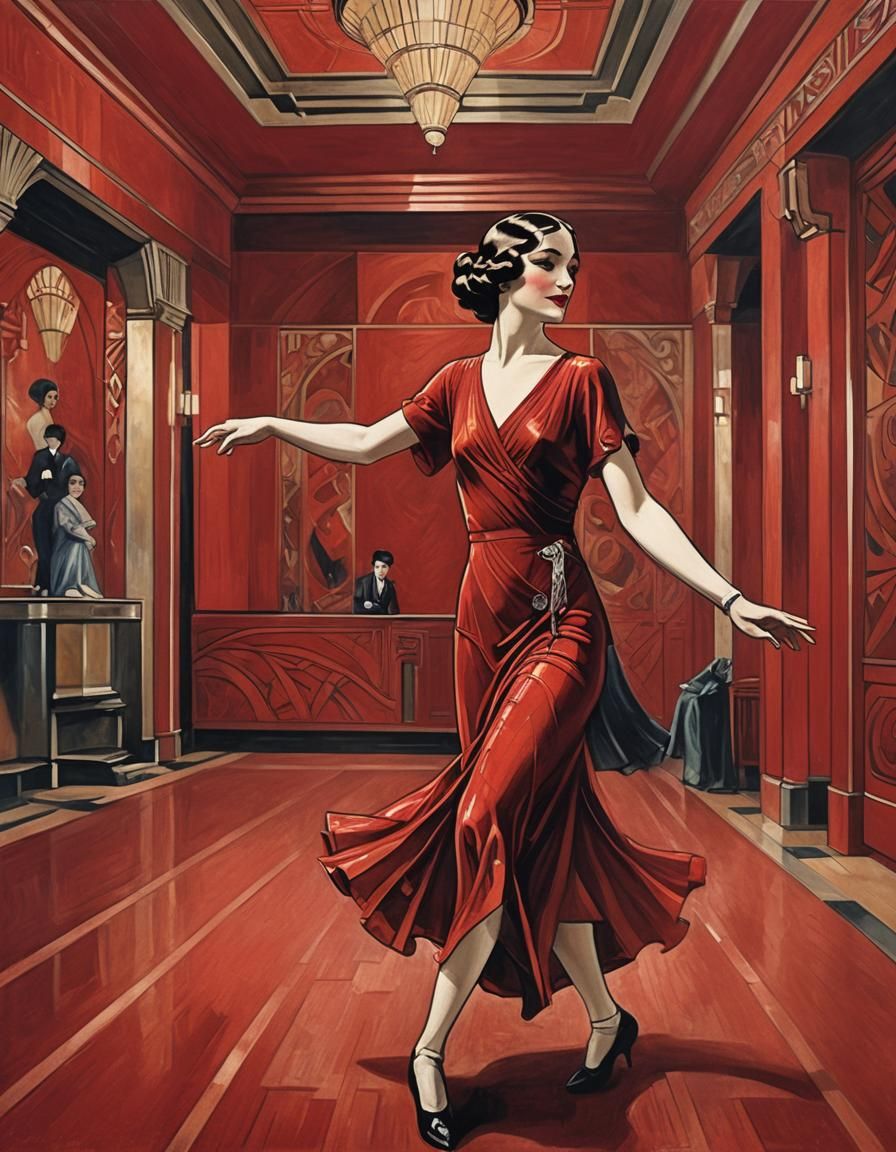 Woman Dancing in Art Deco Red Hall