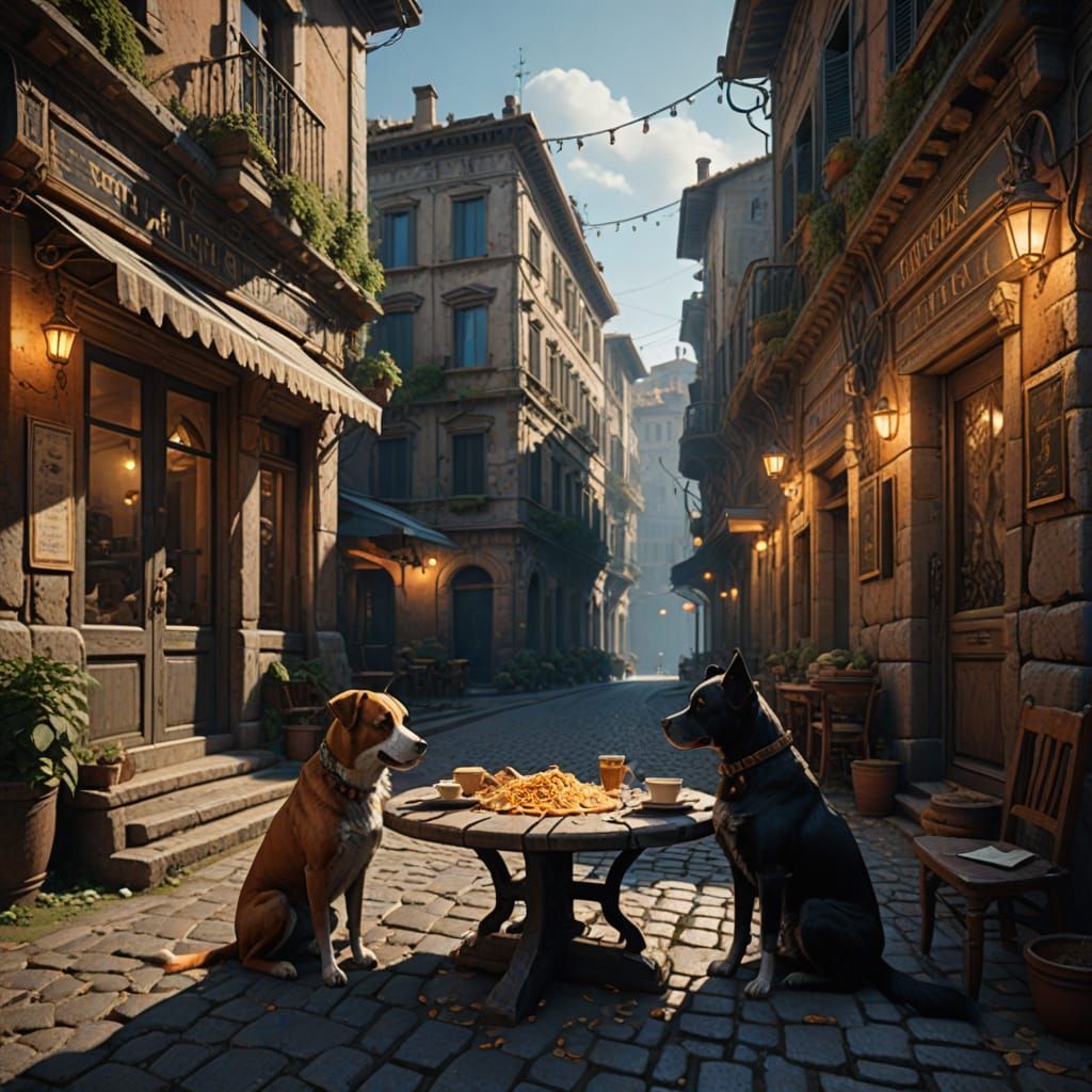 Whimsical Dogs Savor Spaghetti in Ancient Rome