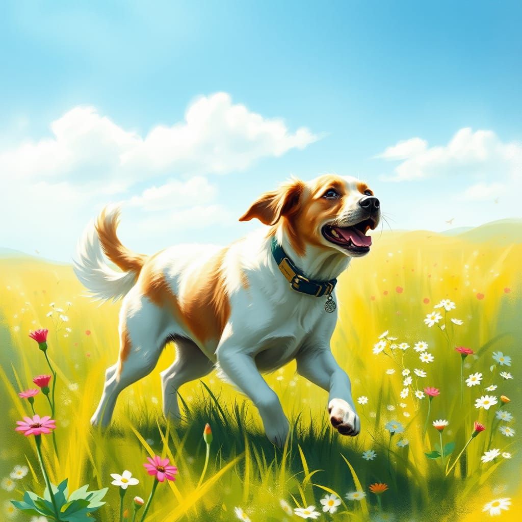 Serene Dog Runs Free in Sun-Drenched Meadow