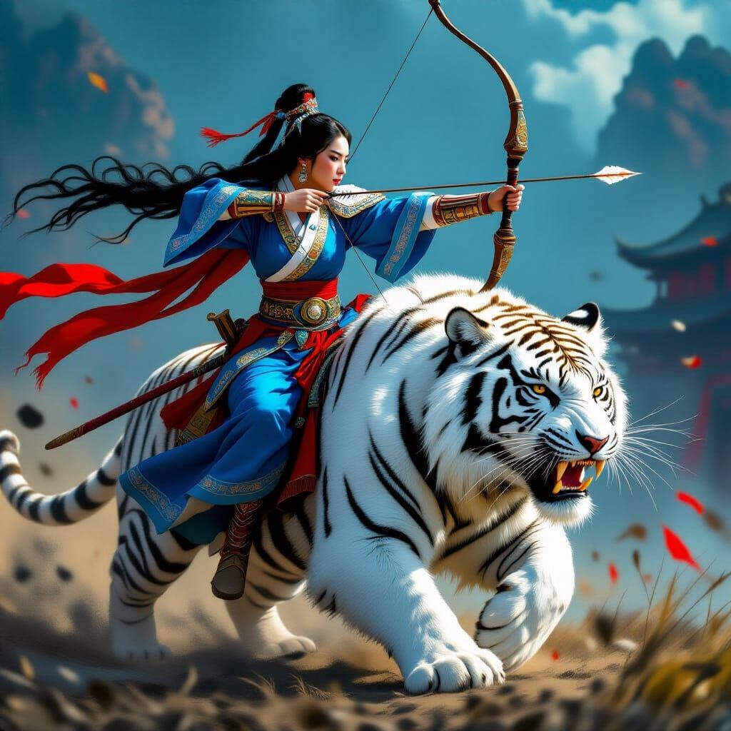Mongolian Princess on Tiger in Hyperrealistic Style