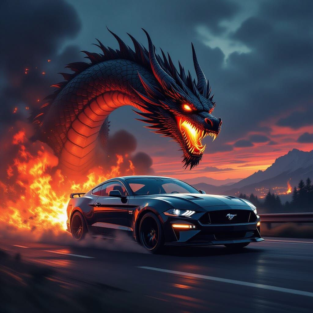 Mustang Escapes Dragon: Vector Art Fantasy Scene