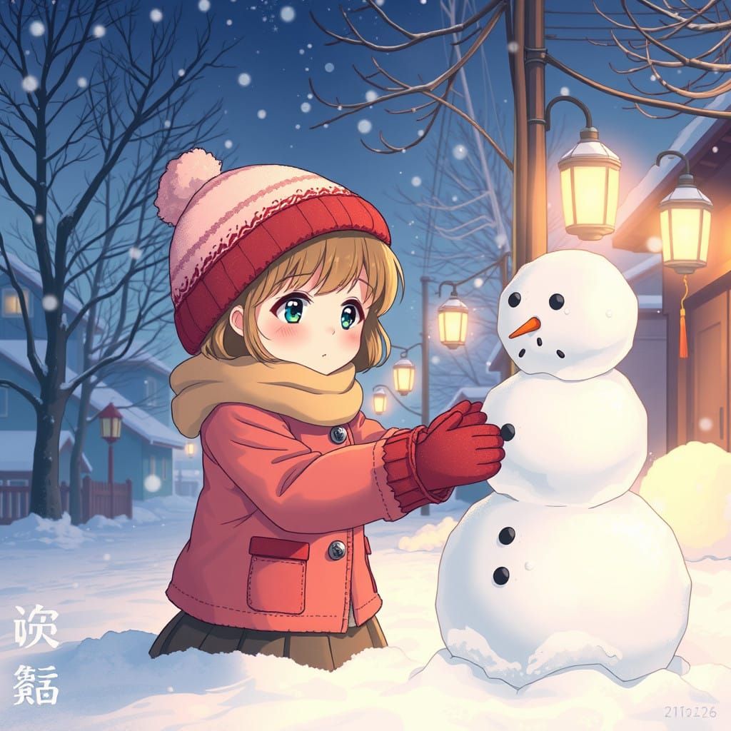 Whimsical Winter Scene in Japanese Manga Style