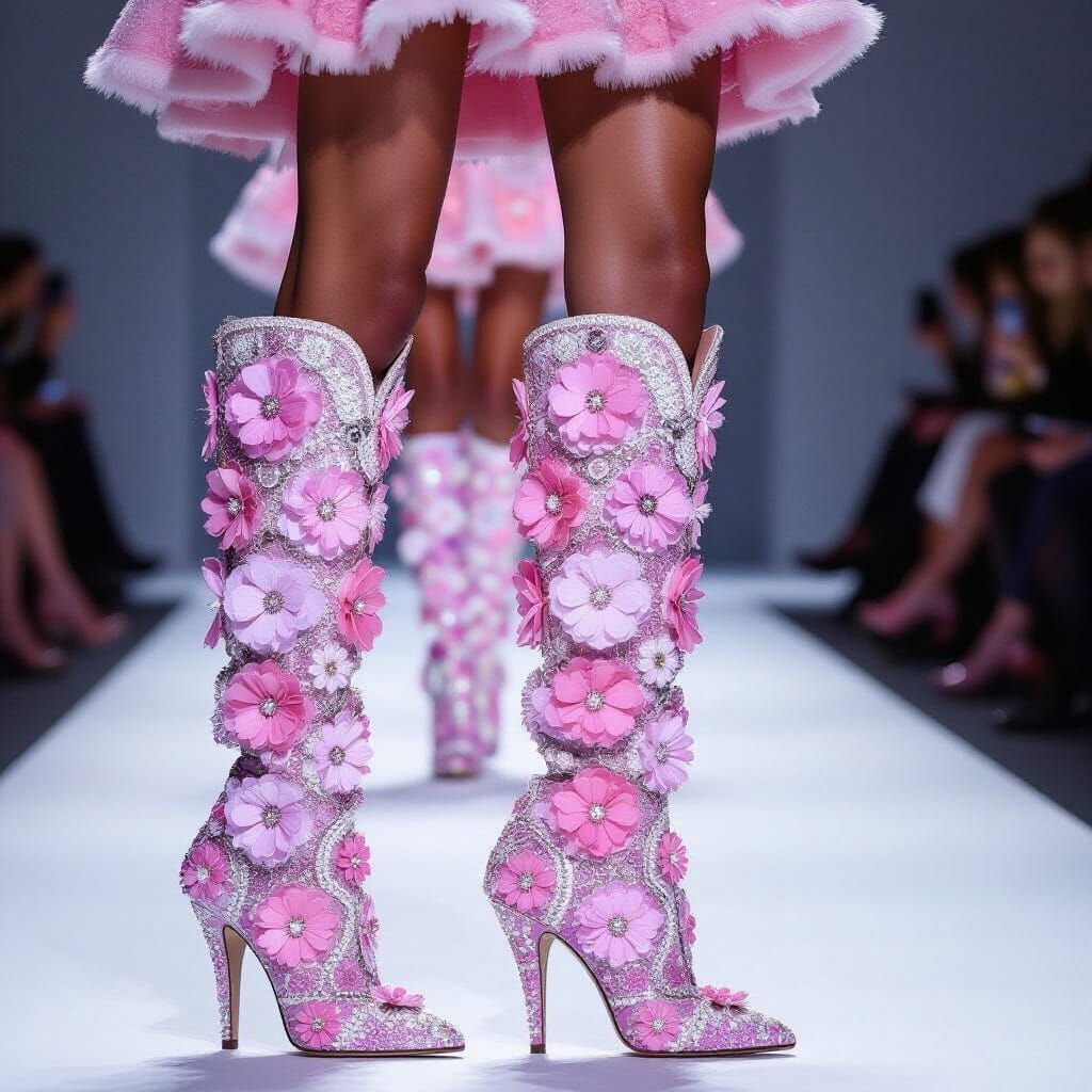 Whimsical Pink Beaded Boots in High-Fashion Photography