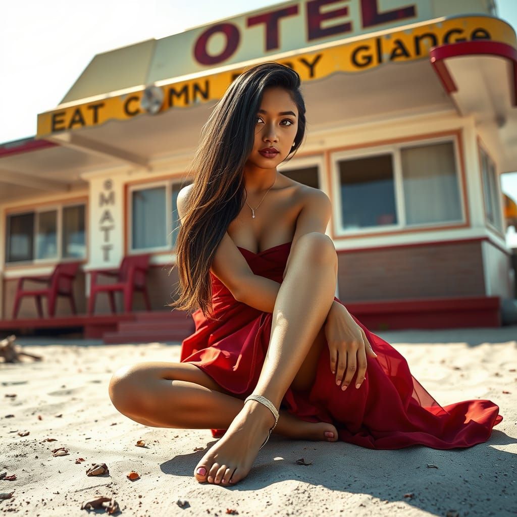 Thai Woman on Desolate Beach in Surreal Style