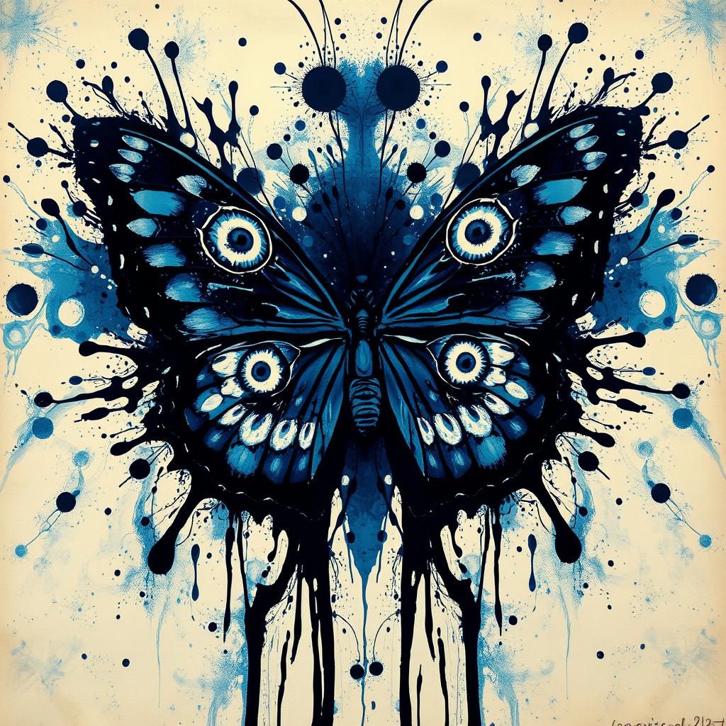 Psychedelic Butterfly Ink Splatter Art in Monochromatic Pale...