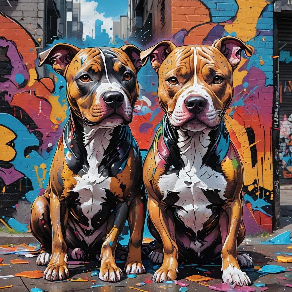 Pitbulls Embrace in Polychromatic Graffiti Art
