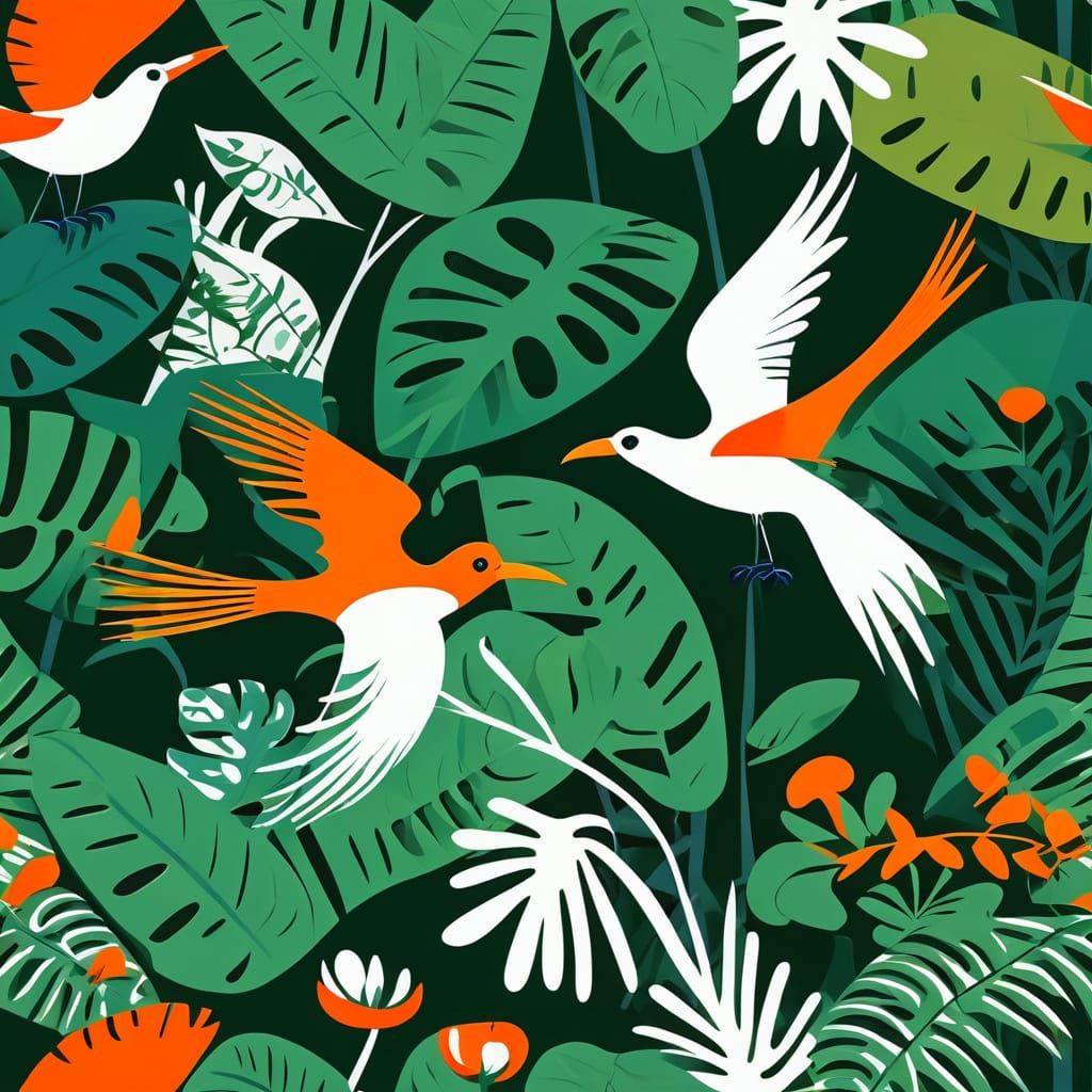 Vibrant Tropical Birds in Lush Jungle Scene