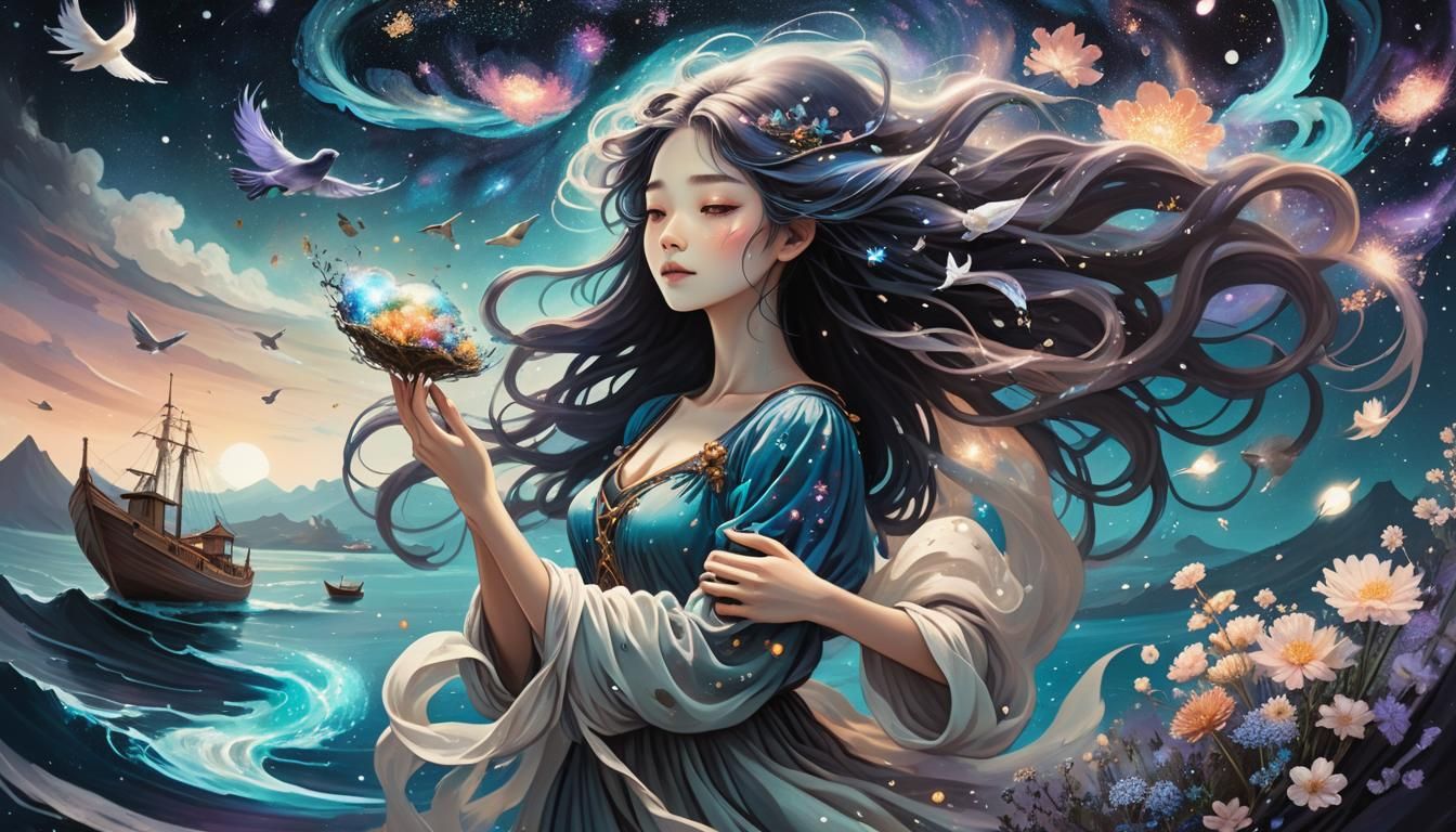 Woman Holds Galaxy in Surreal Universe