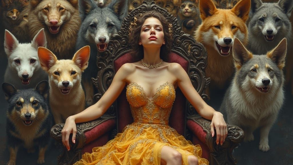 Elegant Woman Surrounded by Animal Faces