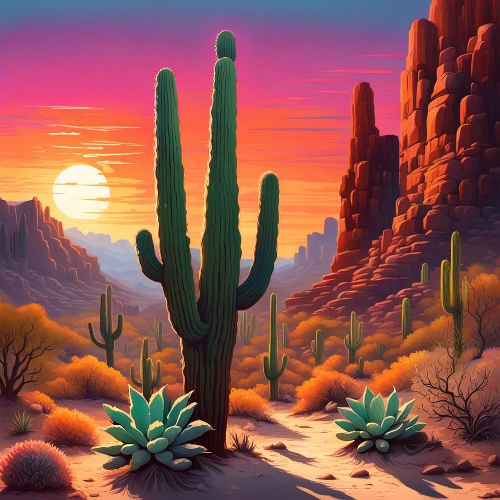 Sunset Desert Canyon with Saguaro Cacti in Graffiti Art