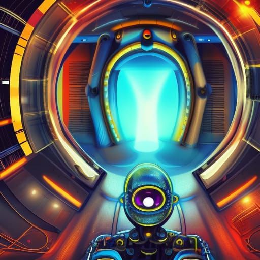 Portal in Robot Head: Cyberpunk Sci-Fi Art
