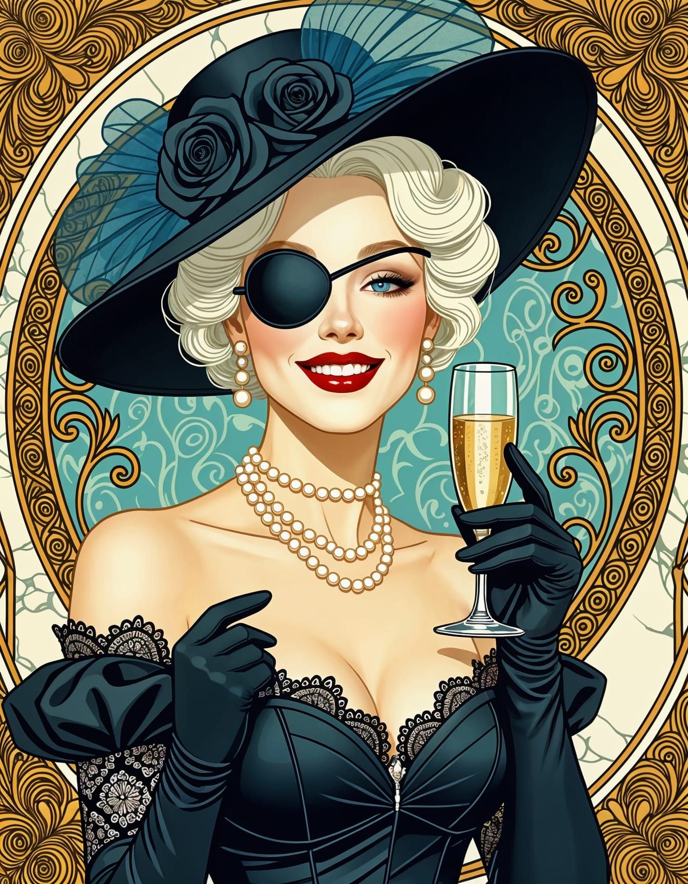 Albino Showgirl with Eyepatch in Alphonse Mucha Style