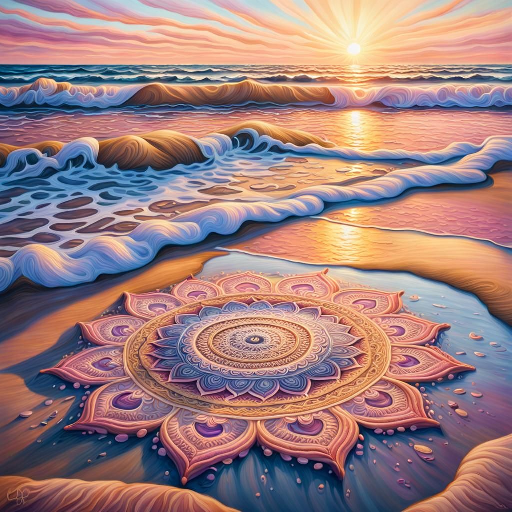 Photorealistic Beach Mandala in Pastel Sunset Colors