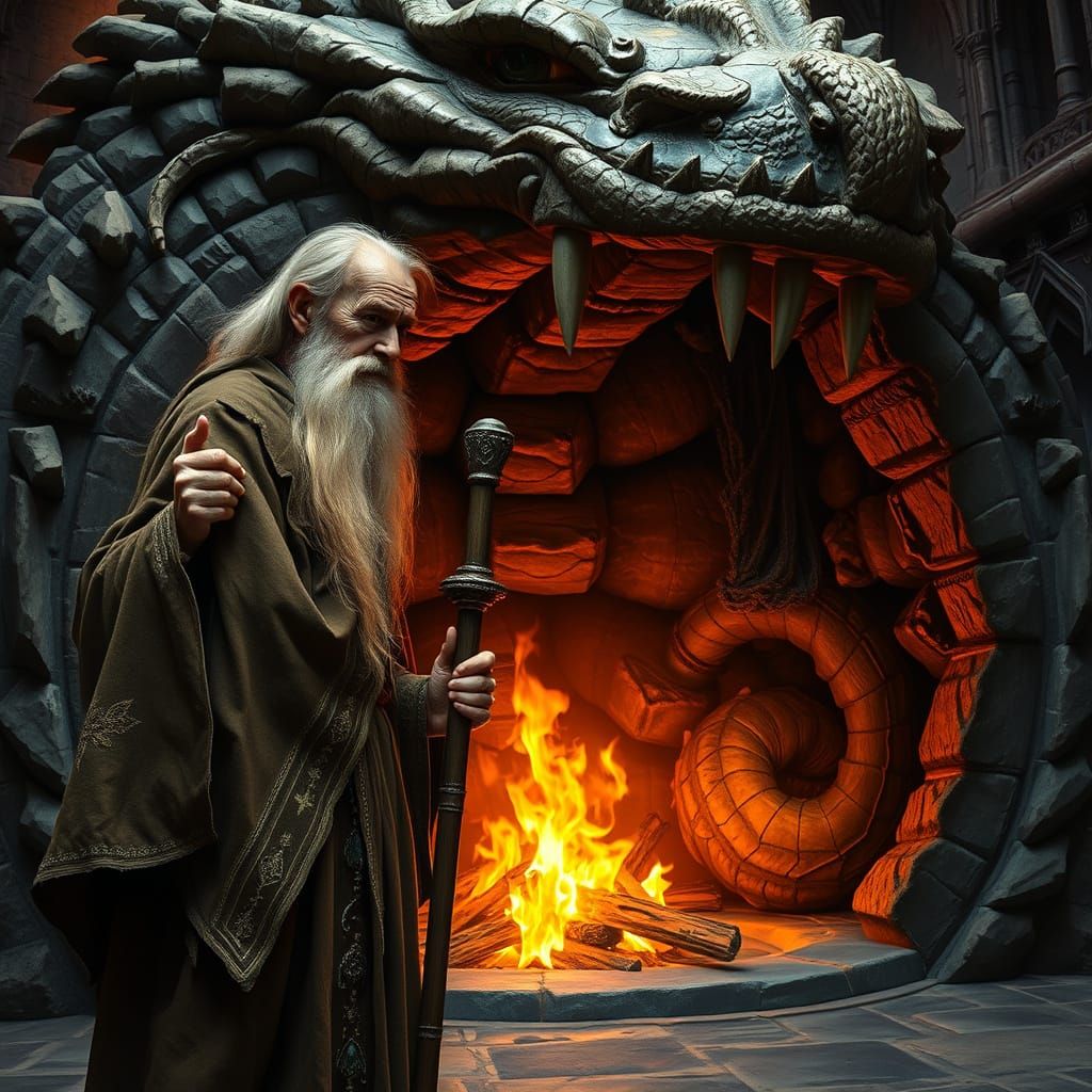 Medieval Wizard Stands Before Fire in Dragon-Shaped Hearth