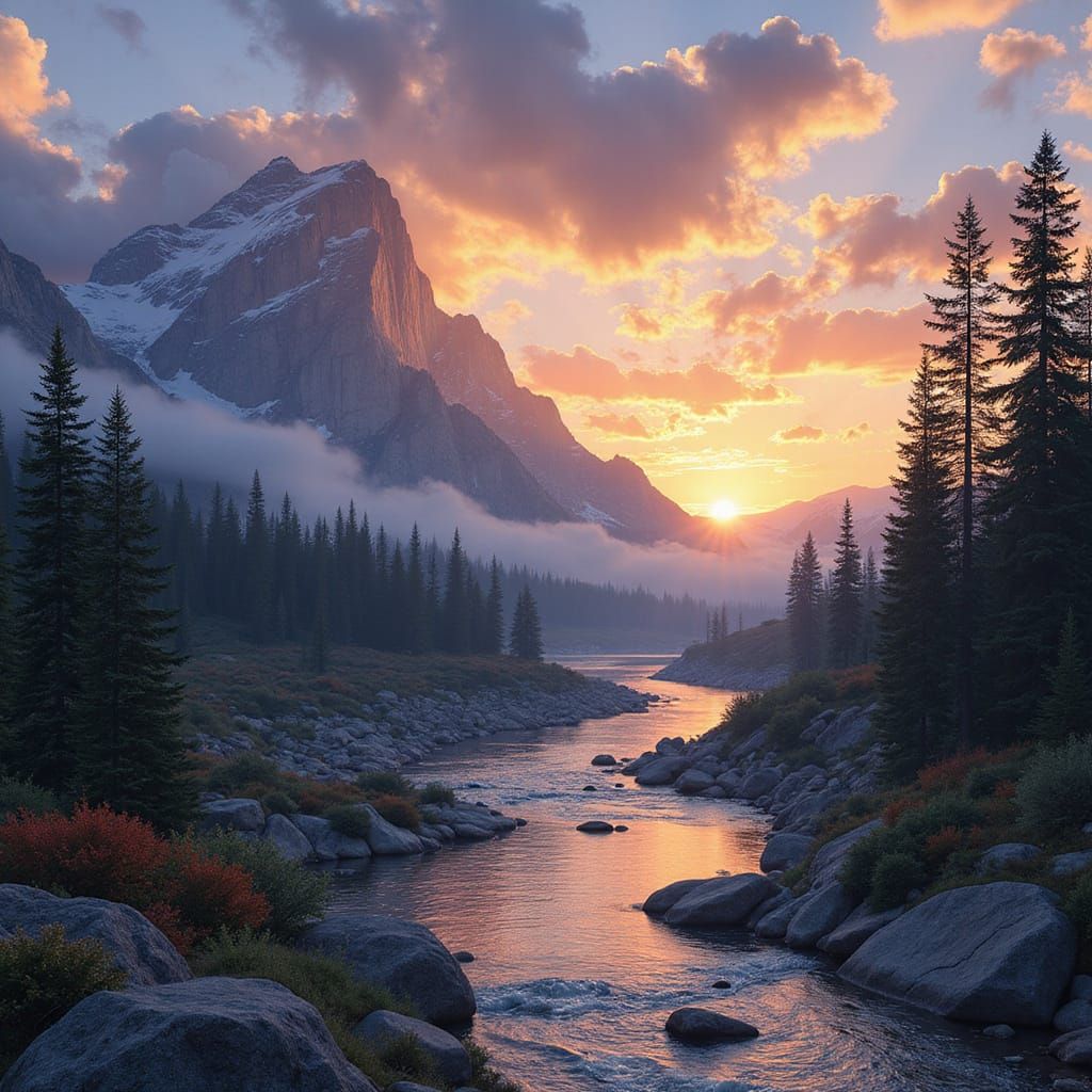 Majestic Sunset Landscape Painting in Digital Art