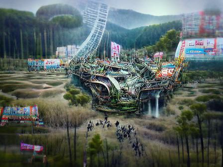 Solarpunk Rollercoaster in Post-Apocalyptic Festival Town