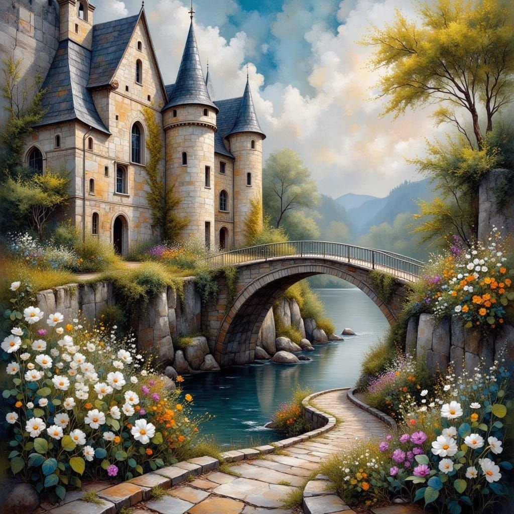 Baroque Chateau and Bridge in Ethereal Landscape