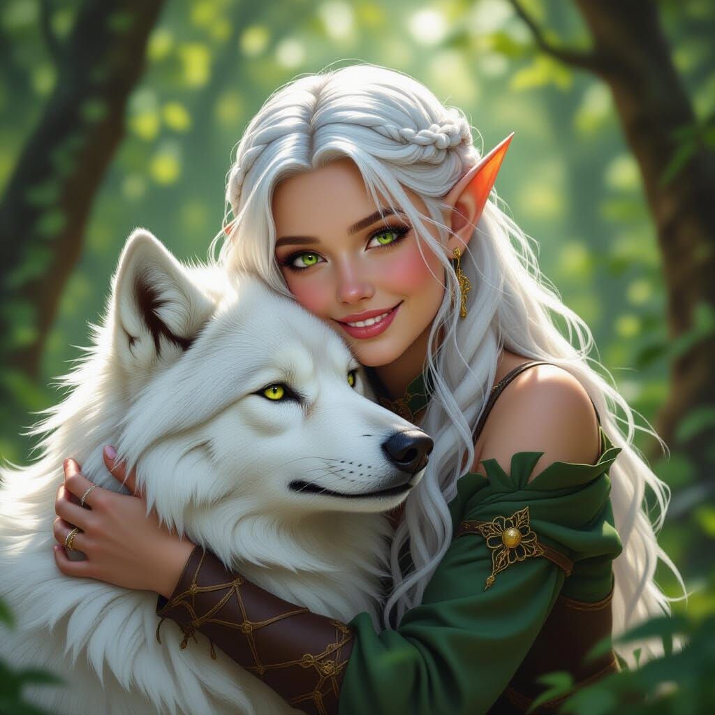 Elf Girl Cuddles Wolf in Dark Fantasy Woods